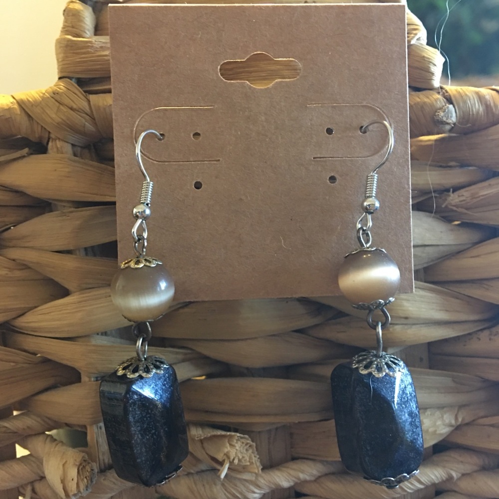 Moon glow glass and marble bead dangle earrings